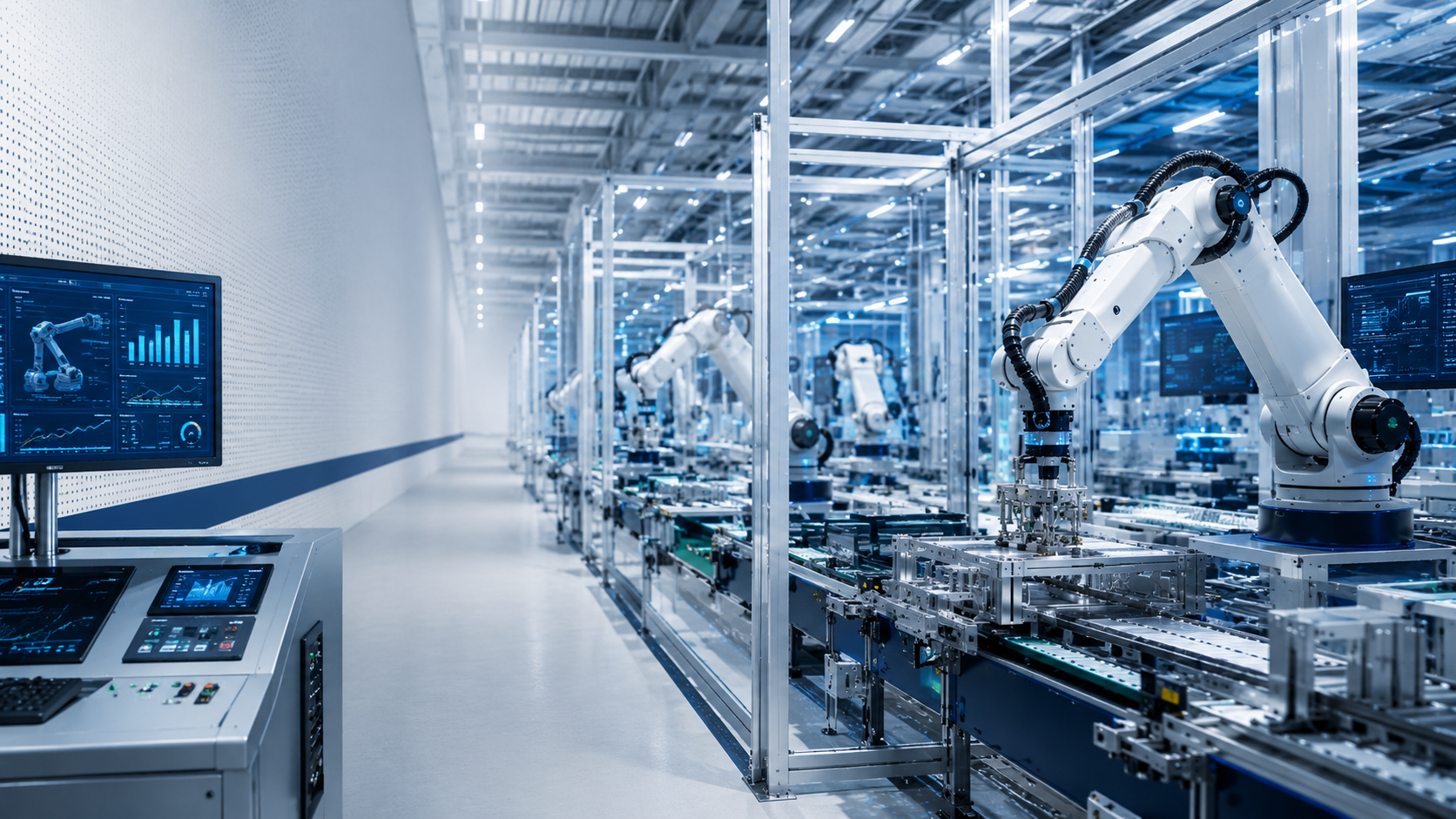 Smart Factory mit Roboterlinie und Prozessvisualisierung